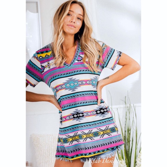LAST 2! V Neck Aztec Print Blue Multi Top! - Picture 2 of 15
